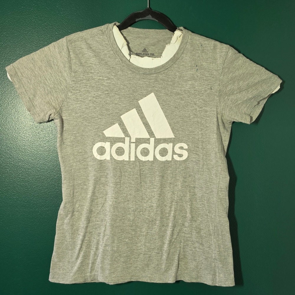 Adidas Amplifier Tee Heather Gray White Logo Graphic T-Shirt Womens Small